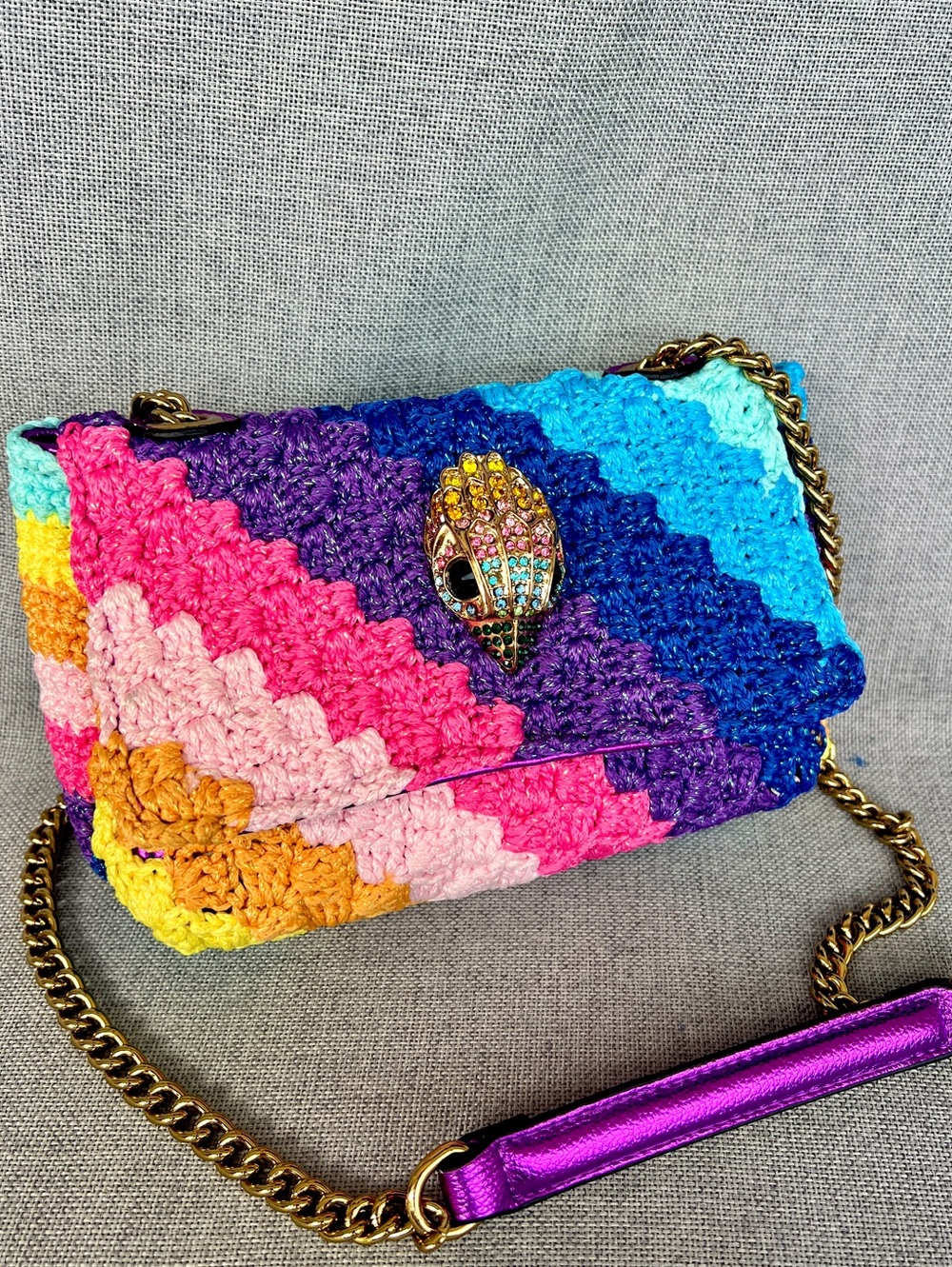 Kurt Geiger Rainbow stripes Metallic CROCHET Boho crossbody bag